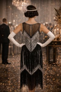 Suzanne — robe mi-longue tulle sequins franges décolleté transparent