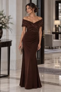 Bryana - Robe longue de soirée à bustier pailleté, épaules dénudées et jupe drapée