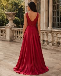 Ciara — robe longue satin fluide décolleté V paillettes perles