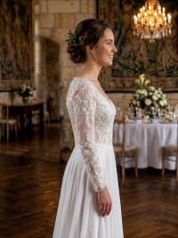 Milly - Robe de mariée bohème en broderie florale à manches longues et jupe fluide