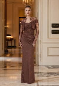 Noémy - Robe longue sirène en dentelle marron avec boléro assorti