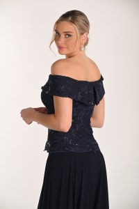 Top Cléophée dentelle brodée sequins encolure bateau épaules dénudées