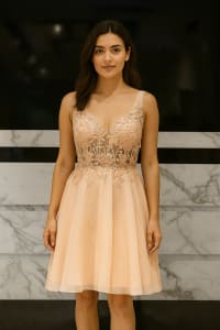Eva — robe courte évasée décolleté V dentelle strass jupe mousseline
