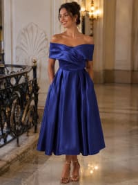 Cécilia — robe 3/4 bustier épaules dénudées plissé croisé laçage dos satin poches