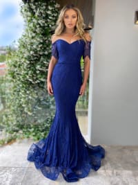 Maelie — robe longue sirène bustier épaules dénudées décolleté Bardot dentelle ceinture