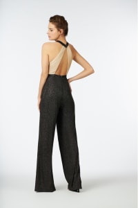 Aliénor — combinaison pantalon soirée matière gaufrée et strass noirs