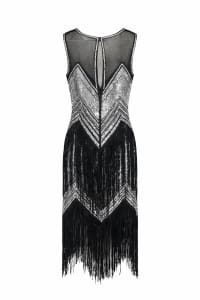 Suzanne — robe mi-longue tulle sequins franges décolleté transparent