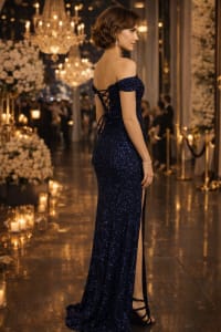 Larisa robe longue sequins bleu marine décolleté bateau plissé taille