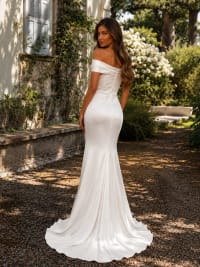Samantha — robe longue fourreau col bardot drapés fente