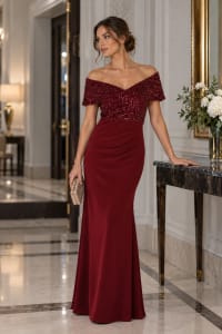 Bryana - Robe longue de soirée à bustier pailleté, épaules dénudées et jupe drapée