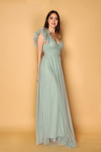Yasmina — robe longue tulle décolleté V plissé taille fines bretelles