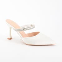 Lune — escarpins ouverts talon fin 8cm satin blanc strass argentés