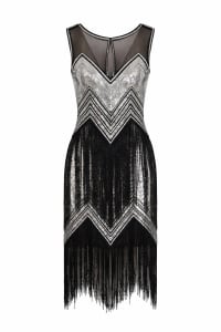 Suzanne — robe mi-longue tulle sequins franges décolleté transparent