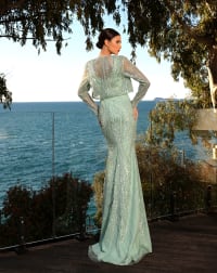 Natalia ensemble robe fourreau traine décolleté V perlé boléro manches longues