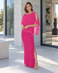 Aleyna — robe longue droite cape mousseline strass fente
