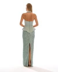 Donia - Robe longue bustier à sequins vert d’eau