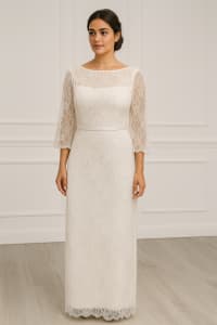 Antoinette — robe de mariée longue droite décolleté perlé manches 3/4 dentelle