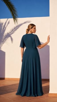 Odalys - Robe longue drapée en mousseline à manches papillon