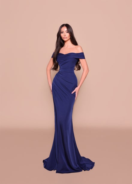 Samantha — robe longue fourreau col bardot drapés fente