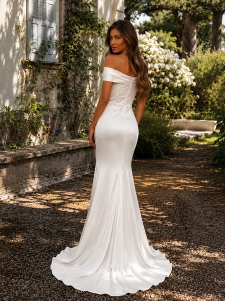 Samantha — robe longue fourreau col bardot drapés fente