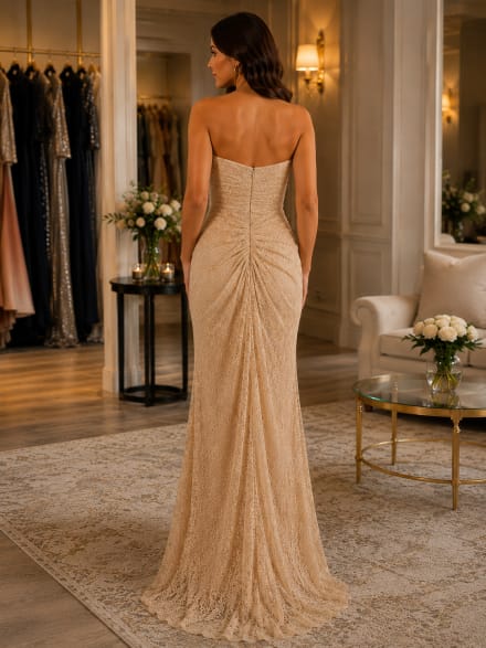 Anne-Marie robe longue bustier dentelle drapé perles strass