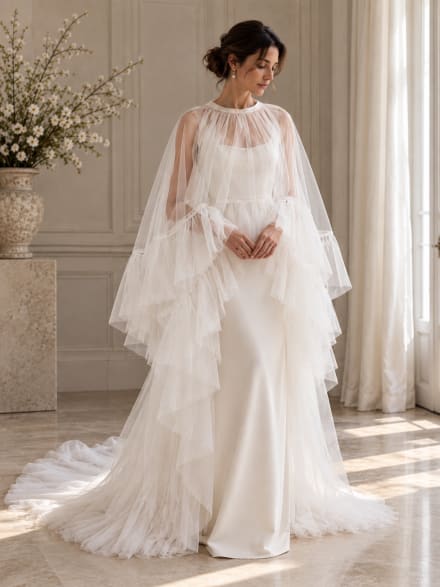 Cape de mariée longue en tulle fluide avec volants