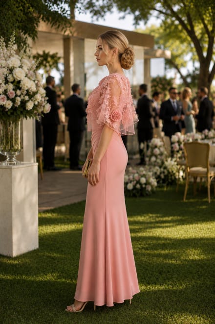 Mickaela — robe longue fluide empiècement tulle applications florales