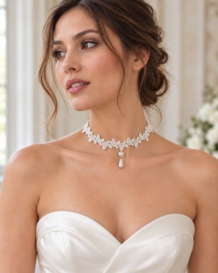 Collier de mariée en dentelle blanche à motifs feuillages et pendentif double perle