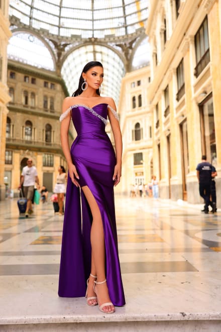 Elza — robe longue fendue épaules dénudées sirène perles cristaux