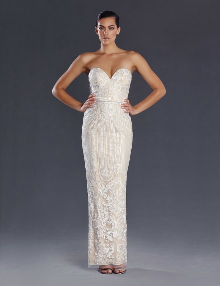 Heliette — robe longue bustier fourreau ivoire nude dentelle décolleté cœur