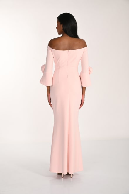 Rosen — robe longue sirène crêpe manches 3/4 florales en relief