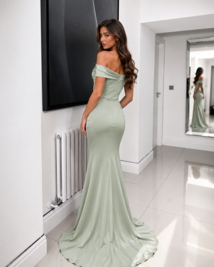 Samantha — robe longue fourreau col bardot drapés fente