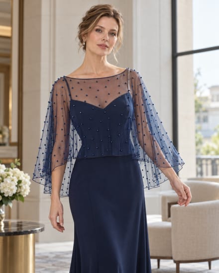 Cape courte en tulle bleu marine transparent ornée de perles