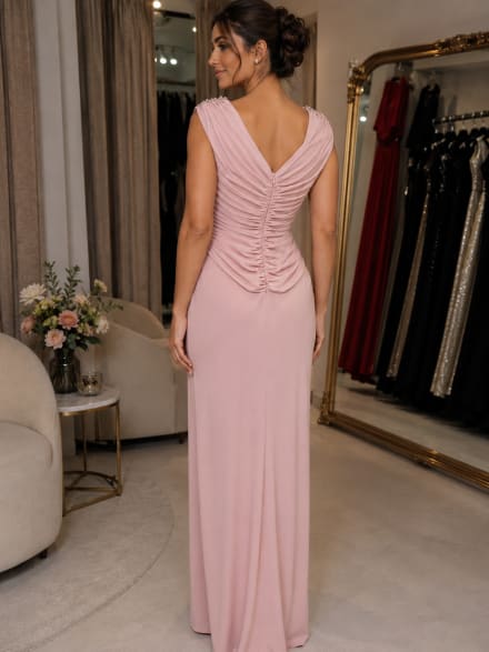 Harper — robe longue fourreau jersey plissé perles fente