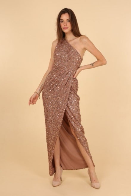 Gabrielle — robe 3/4 asymétrique drapé fendue sequins bronze