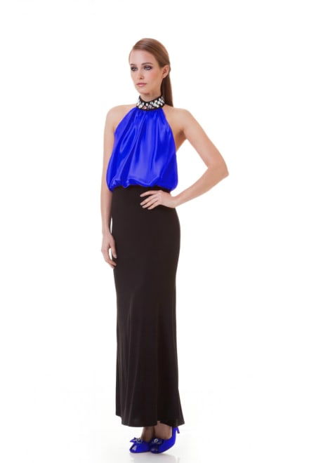 Monika — robe longue fourreau jupe droite noire haut satiné bleu royal dos nu