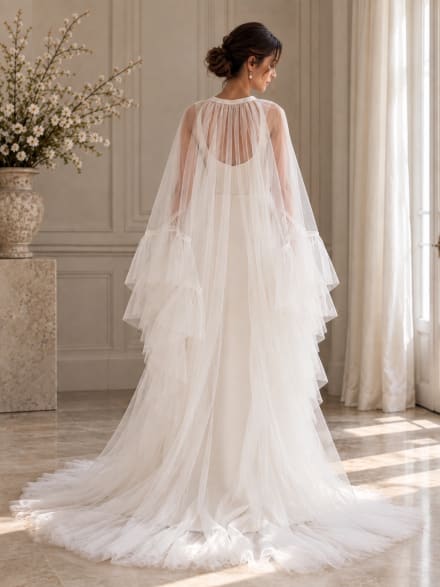 Cape de mariée longue en tulle fluide avec volants