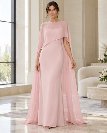 Cape longue en mousseline rose poudré à épaules asymétriques