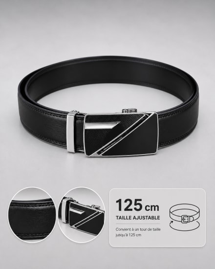 Ceinture homme noire ajustable boucle automatique rectangulaire noire et argentée lignes géométriques détails métalliques