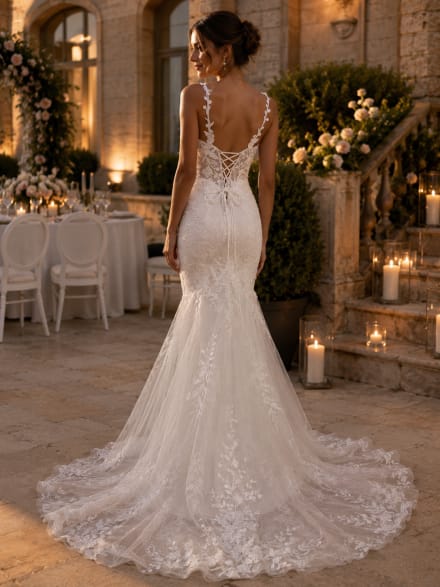 Penny - Robe de mariée longue coupe sirène en tulle et dentelle