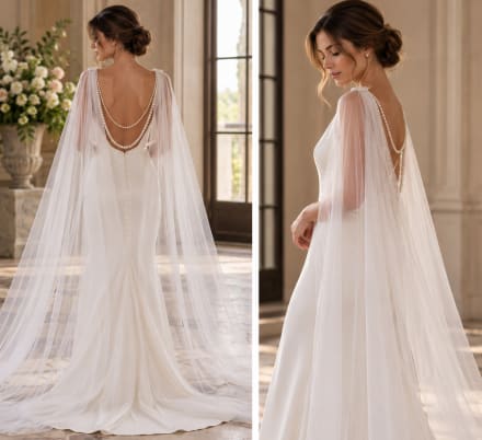 Cape de mariée amovible en tulle ivoire avec double drapé de perles dans le dos