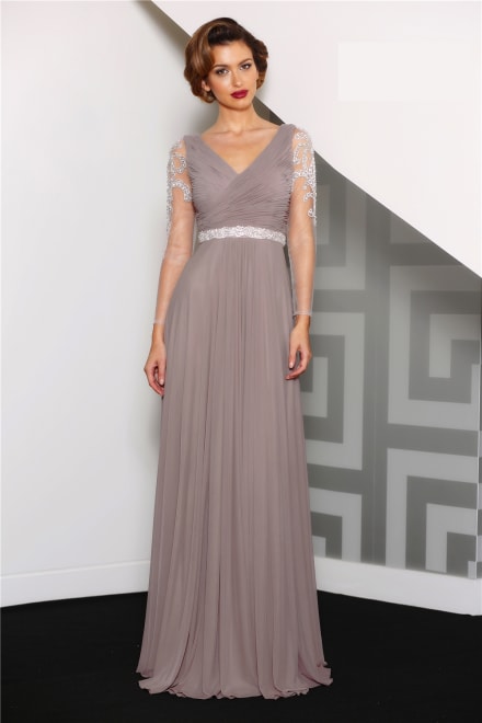 Josy — robe soirée longue fluide manches tulle strass perles taupe