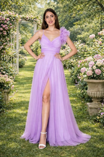 Liliana — robe longue tulle pailleté buste croisé ceinture
