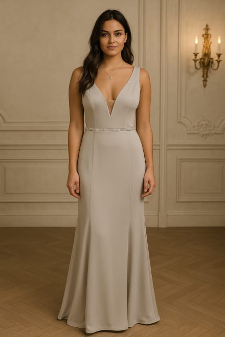 Juliana — robe satin près du corps décolleté V ceinture strass