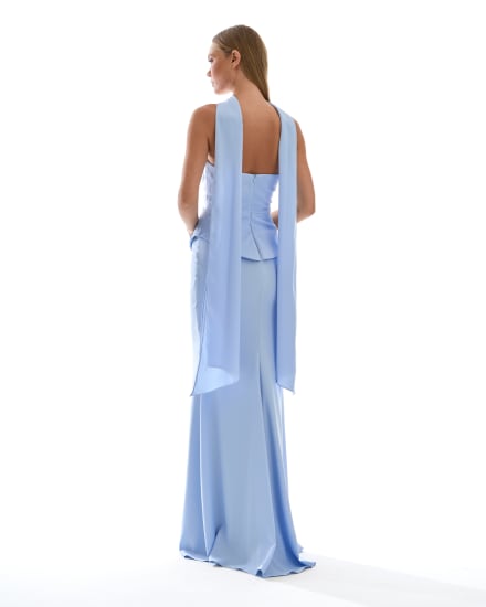 Mariko - Robe longue bustier drapée bleu ciel avec étole