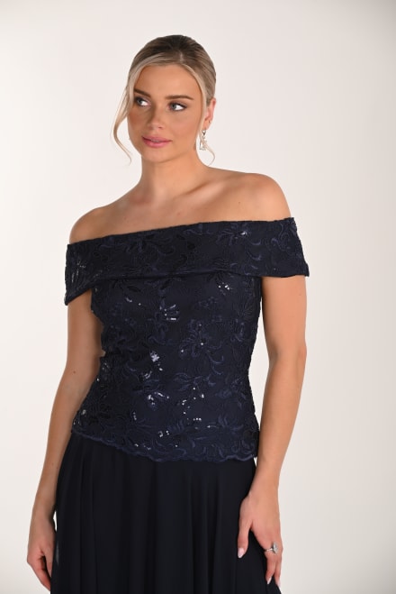 Top Cléophée dentelle brodée sequins encolure bateau épaules dénudées