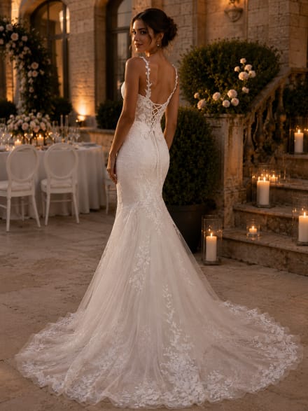 Penny - Robe de mariée longue coupe sirène en tulle et dentelle