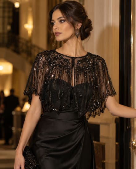 Cape courte noire en tulle transparent à sequins et broderies scintillantes