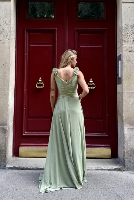 Larissa robe longue fluide décolleté V drapé bretelles froncées