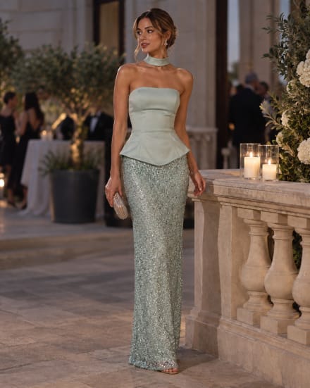 Donia - Robe longue bustier à sequins vert d’eau